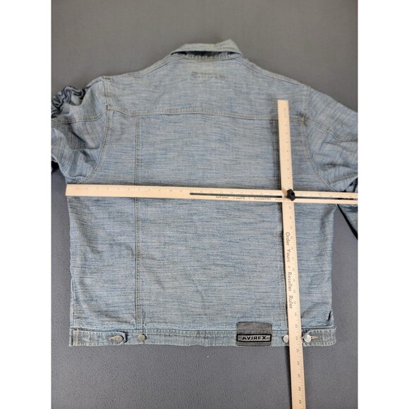 Avirex Denim Jacket Mens 2XL Blue Tribal Sleeve Graphic Button Up Distressed - Picture 11 of 15